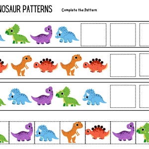 Può includere: Un foglio di lavoro stampabile con un'attività di modello di dinosauro. Il foglio di lavoro ha tre righe di dinosauri con colori e motivi diversi. Lo studente deve completare il modello disegnando i dinosauri mancanti.