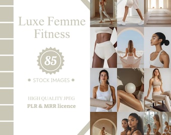 May include: A collage of images featuring women in various fitness poses and clothing. The images are arranged in a grid pattern and feature a variety of backgrounds, including a gym, a studio, and an outdoor setting. The text "Luxe Femme Fitness" is displayed at the top of the collage, along with the number "85" and the words "Stock Images". The text "High Quality JPEG PLR & MRR licence" is displayed at the bottom of the collage.