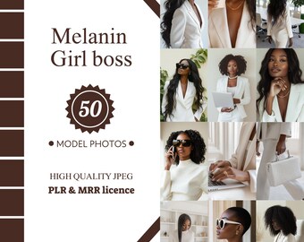 May include: A collage of 50 photos featuring Black women in white business attire. The text "Melanin Girl Boss" and "50 Model Photos" are included in the image.
