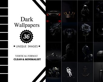May include: A collection of 36 unique dark wallpapers in a vertical format. The wallpapers are clean and minimalist and feature a variety of images, including a car, a crown, a rose, a dragon, a dog, a mountain, a spaceship, an anchor, and a punching bag.