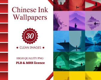 May include: A digital product with 30 Chinese Ink Wallpapers. The image displays a grid of landscape illustrations in various colours, including red, purple, and blue. The product includes a high-quality PNG file with PLR & MRR licence.