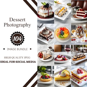 Puede incluir: Una colección de 104 imágenes de postres de alta calidad, ideales para las redes sociales. Las imágenes presentan una variedad de postres, que incluyen pasteles, tartas, pasteles y helados. Las imágenes están todas fotografiadas profesionalmente y presentan colores vibrantes y postres de aspecto delicioso.