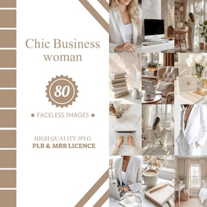 May include: A collage of images featuring a chic business woman working in a modern office setting. The images show a woman sitting at a desk with a laptop, a stack of books, a cup of coffee, and a white chair. The images are in a neutral color palette of white, beige, and brown.