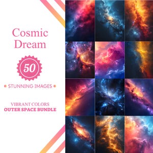 Peut inclure: Un collage de 50 images vibrantes et colorées de nébuleuses et de galaxies dans l'espace. Le texte "Cosmic Dream" et "50 Stunning Images" est affiché sur le côté gauche de l'image.
