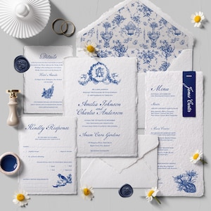 DIGITAL_Semi-custom personalised vintage Blue Floral Wedding Invitation Suite Set, Details, RSVP, Itinerary Cards