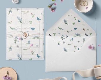 Blue Floral Wedding Invitation Vellum Wraps and Envelope Liners (Printable)