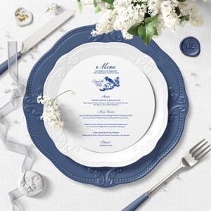 DIGITAL_Semi-custom personalised Circle Wedding/Event Floral Menu, Vintage Blue Menu Card #CharleniaSuite
