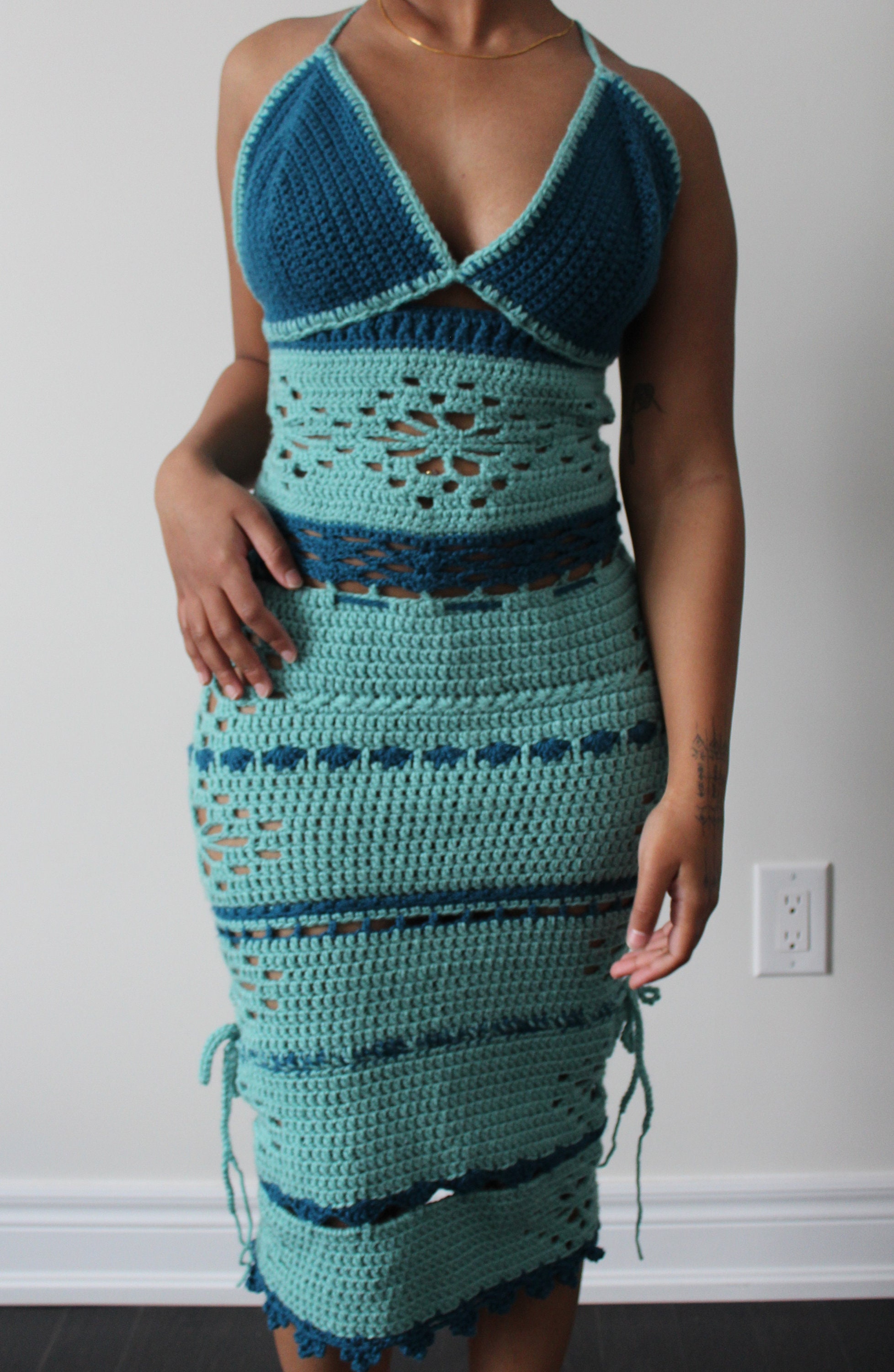 blue crochet flower dress Floral Detail Crochet Maxi Dress Blue