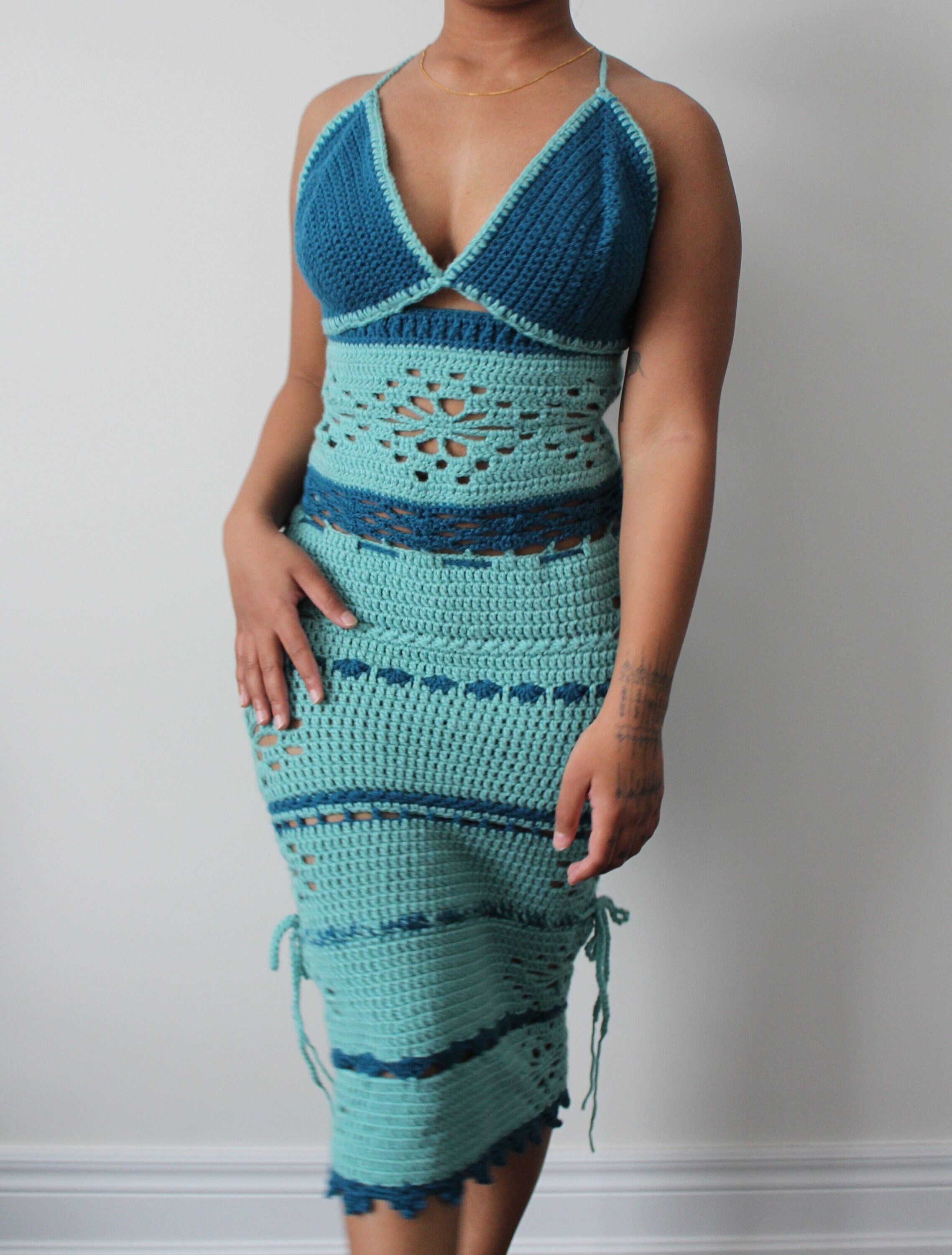 Blue Floral Crochet Dress