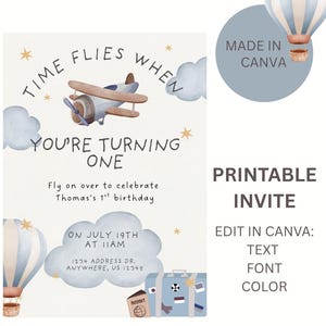 May include: A printable birthday invitation with a travel theme. The design features a watercolor airplane, hot air balloons, clouds, and a suitcase. The text reads "Time Flies When You're Turning One".