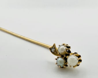 14k gold antique stick pin with a pearls and diamond