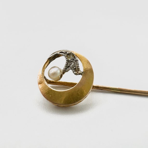 14 k gold antique crescent moon stick pin with tw… - image 1