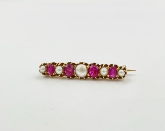 14 k gold Victorian era brooch with rubies and seed pearls