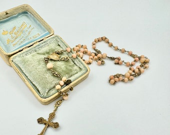 Antique silver gold gilded rosary with coral beads