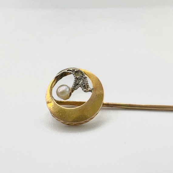 14 k gold antique crescent moon stick pin with tw… - image 2
