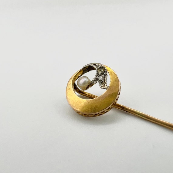 14 k gold antique crescent moon stick pin with tw… - image 3