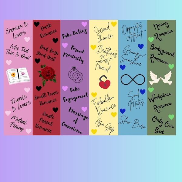 Romance Book Tropes Bookmarks, Printable Bookmarks, Reader Gift