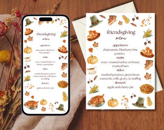 Thanksgiving-Abendmenü, Friendsgiving-Abendmenü, bearbeitbare druckbare Vorlage, anpassbare Thanksgiving-Menüvorlage
