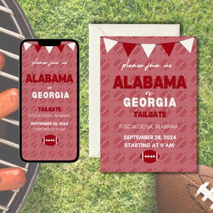 May include: A red and white invitation for a tailgate party featuring the text "Please join us Alabama vs. Georgia Tailgate Tuscaloosa, Alabama September 28, 2024 Starting at 11 AM". The background is a red pattern of footballs.
