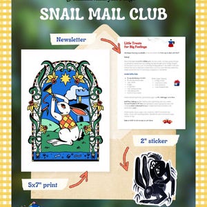 May include: A Snail Mail Club stationery set featuring a 5x7 inch print of a rabbit playing a horn in a stained glass frame, a Little Treats for Big Feelings newsletter, and a 2 inch black and white rabbit sticker, all displayed on an envelope.