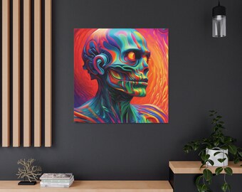 Puede incluir: Una pintura abstracta colorida de una calavera con un esquema de colores azul, verde y naranja vibrante. La calavera se coloca sobre un fondo de colores que se arremolinan.