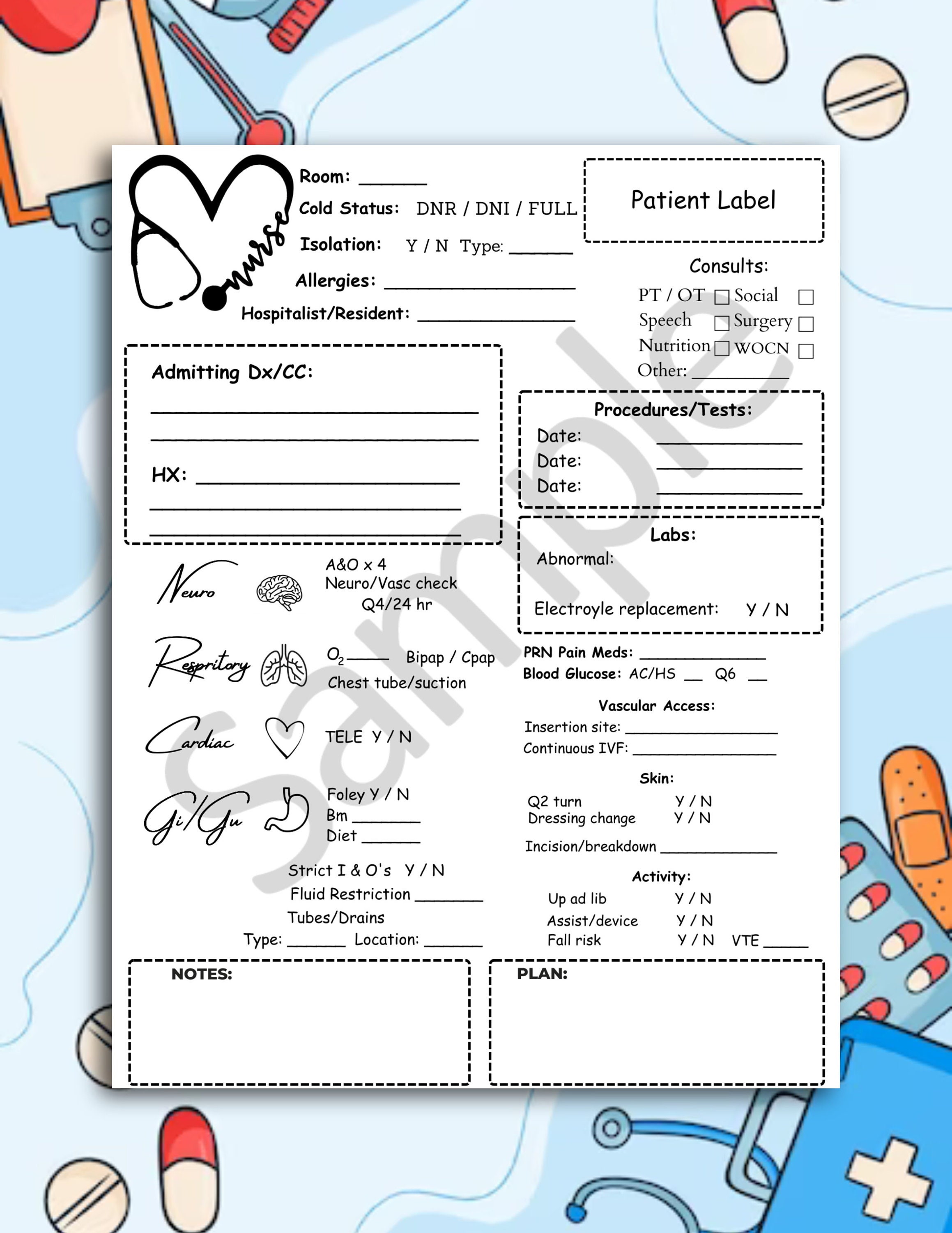 Nurse Shift Change Report, Nursing Report Sheet, Med Surge printable Nurse Shift Change Report, Nursing Report Sheet, Med Surge printable