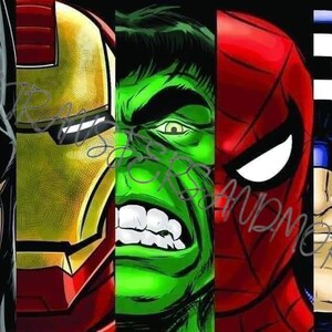 May include: A digital illustration of four superheroes: Batman, Iron Man, Hulk, and Captain America. Each superhero is depicted in their iconic colors and poses. Batman is black with a yellow bat symbol, Iron Man is red and gold, Hulk is green, and Captain America is blue and red with a white star.
