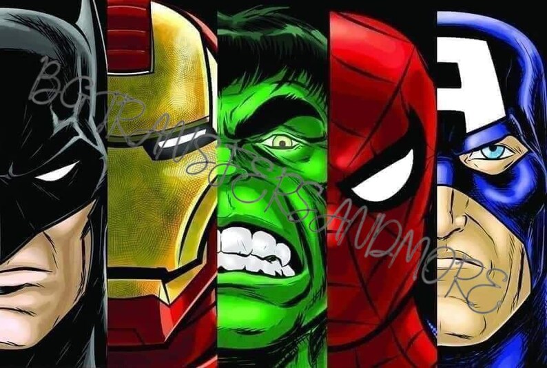 May include: A digital illustration of four superheroes: Batman, Iron Man, Hulk, and Captain America. Each superhero is depicted in their iconic colors and poses. Batman is black with a yellow bat symbol, Iron Man is red and gold, Hulk is green, and Captain America is blue and red with a white star.