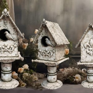 May include: Three white decorative birdhouses with distressed finishes. Each birdhouse has a round opening and a small bird inside. The birdhouses are mounted on pedestals and decorated with floral accents.