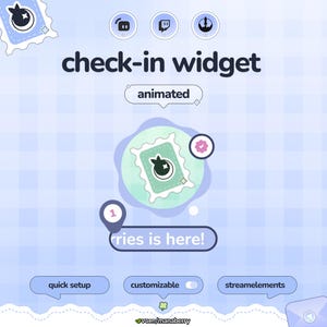 Puede incluir: Gráfico digital que promociona un "widget de registro" con un fondo a cuadros azul claro y blanco. La imagen presenta un diseño de sello animado central con un icono de baya, y se muestra el texto "Cries is here!". El texto adicional incluye "quick setup", "customizable" y "streamelements".