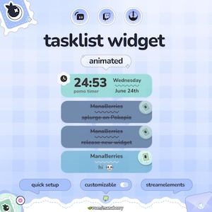 May include: An animated tasklist widget digital overlay featuring a light blue checkered background. It includes a pomo timer set to 24:53, a date display for Wednesday June 24th, and three task bars labelled ManaBerries with text entries.