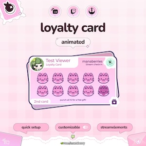 May include: Pink animated loyalty card design with a cat face punch card. The card reads "loyalty card" and "animated". The card has the text "Test Viewer" and "manaberries". The card says "punch all 10 for a free gift!" and "2nd card".