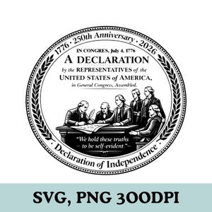 Op de afbeelding: Een zwart-wit cirkelvormige afbeelding ter herdenking van de 250e verjaardag van de Onafhankelijkheidsverklaring. Het ontwerp bevat tekst, illustraties van historische figuren en de woorden "Declaration of Independence."