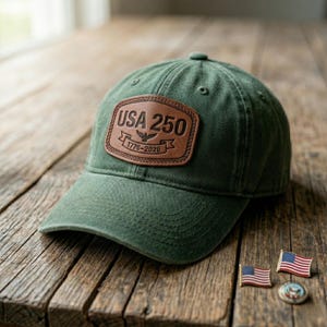 May include: Green baseball cap with a brown leather patch that reads "USA 250" with the years "1776-2026" and an eagle emblem. The cap is on a wooden surface with two American flag pins and a round emblem.