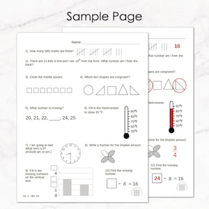 May include: A worksheet with math problems for children. The problems include counting tally marks, finding a missing number in a sequence, and filling in a thermometer to show a specific temperature. There are also problems involving time, fractions, and geometry.