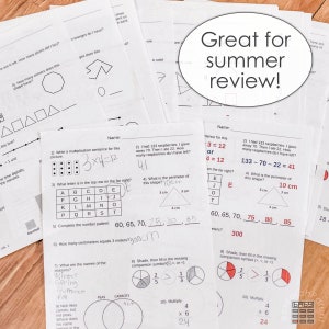 May include: A worksheet with math problems for summer review. The problems include multiplication, perimeter, number patterns, and comparing fractions. The worksheet is printed on white paper with black ink.