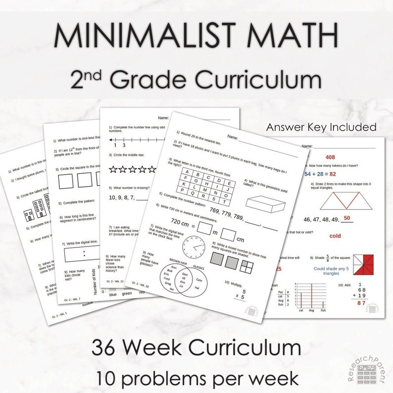 May include: A set of printable worksheets for 2nd grade math. The worksheets include problems on number lines, patterns, time, measurement, geometry, and more. The worksheets are designed to be used for a 36-week curriculum, with 10 problems per week. The text "Answer Key Included" is visible at the top of the page.