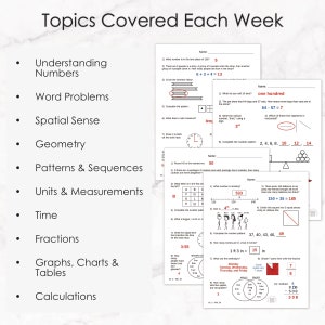 May include: A printable worksheet with a list of math topics covered each week, including understanding numbers, word problems, spatial sense, geometry, patterns and sequences, units and measurements, time, fractions, graphs, charts and tables, and calculations. The worksheet includes several math problems and activities.