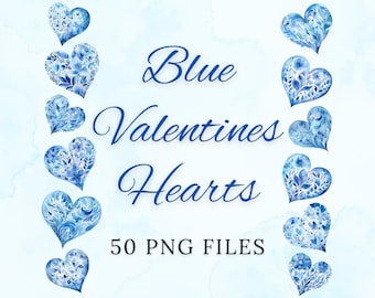 May include: A digital collection of blue watercolour heart illustrations featuring intricate floral patterns. The text Blue Valentines Hearts 50 PNG FILES is centred between two vertical columns of these decorative heart graphics.