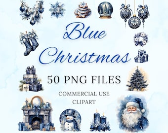 May include: A collection of blue-themed Christmas digital clipart featuring ornaments, a snowflake, cookies, a snow globe, stockings, a wreath, gifts, a tree, a fireplace, a snowman, candles, and Santa Claus with the text Blue Christmas 50 PNG FILES.