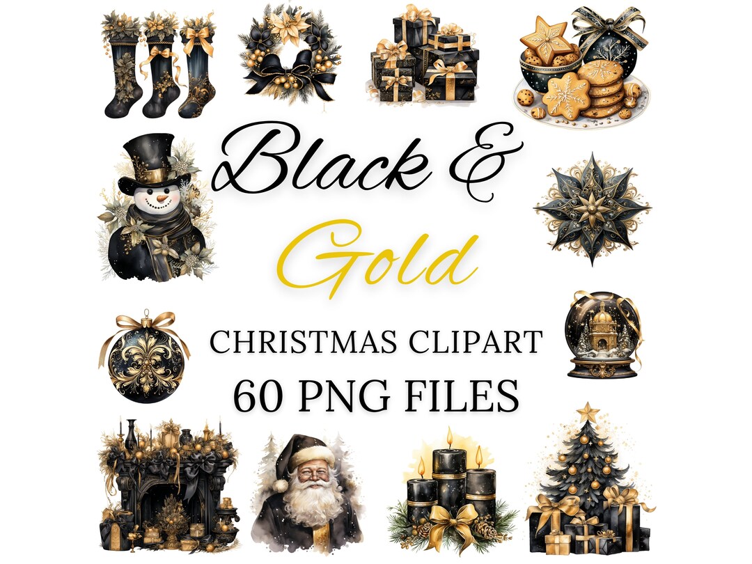 Black and Gold Christmas Clipart Bundle 60 PNG Files, Watercolor