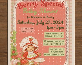 Erdbeer Shortcake Baby Shower Digitale Invite & Signage Vorlagen für Canva