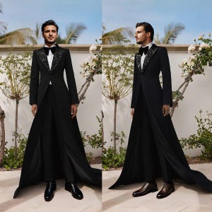 Business Men Suits Beading Beaded Tuxedo Peak Lapel Cocktail Long Tail Jackets Stylish Men Party Event Tail Suit For Him Prom Wedding suit