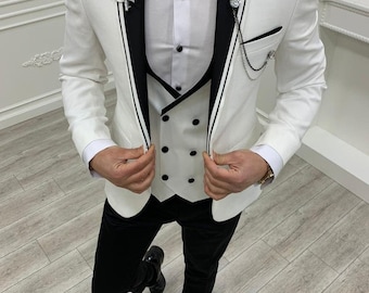 Men Suit Slim Fit White Classy Three Piece  Men&#39;s Suit for Wedding, Engagement, Anniversary, Prom Groom wear and Grooms Men Suit Slim Fit