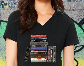 80s Tshirt, 80's Rock Band Cassettes Tape TShirt, Rock Band Vneck, Vintage Rock Shirt, 80s Cassette Tape Shirt, Music Lover V neck