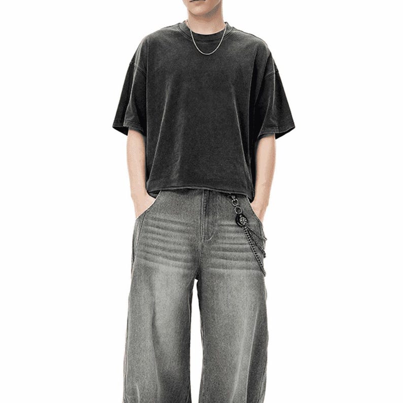 Cropped T-Shirt, Snow Wash Heavyweight Tee, Oversized Streetwear Crop Top Unisex, 285GSM Cotton Vintage Wash Shirt image 1