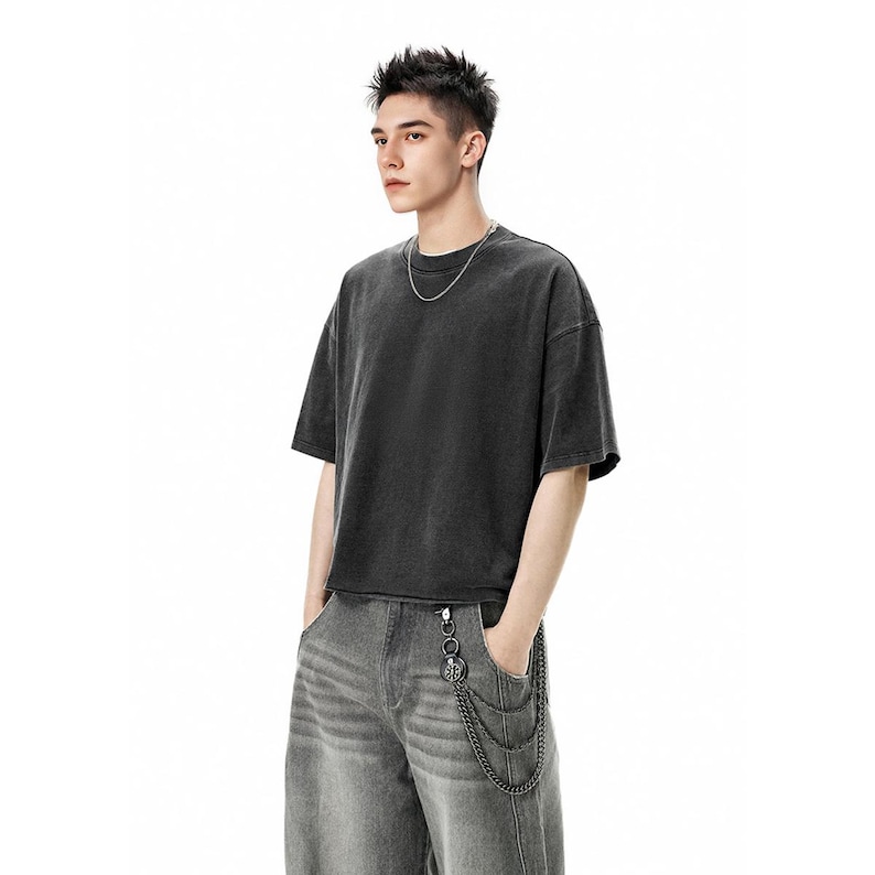 Cropped T-Shirt, Snow Wash Heavyweight Tee, Oversized Streetwear Crop Top Unisex, 285GSM Cotton Vintage Wash Shirt image 3