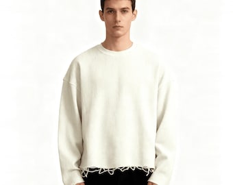 Waffle Knit Cropped Long Sleeve Shirt, Oversized Streetwear Top Unisex, Heavyweight Cotton Crop Tee, Cozy Aesthetic Waffle Shirt