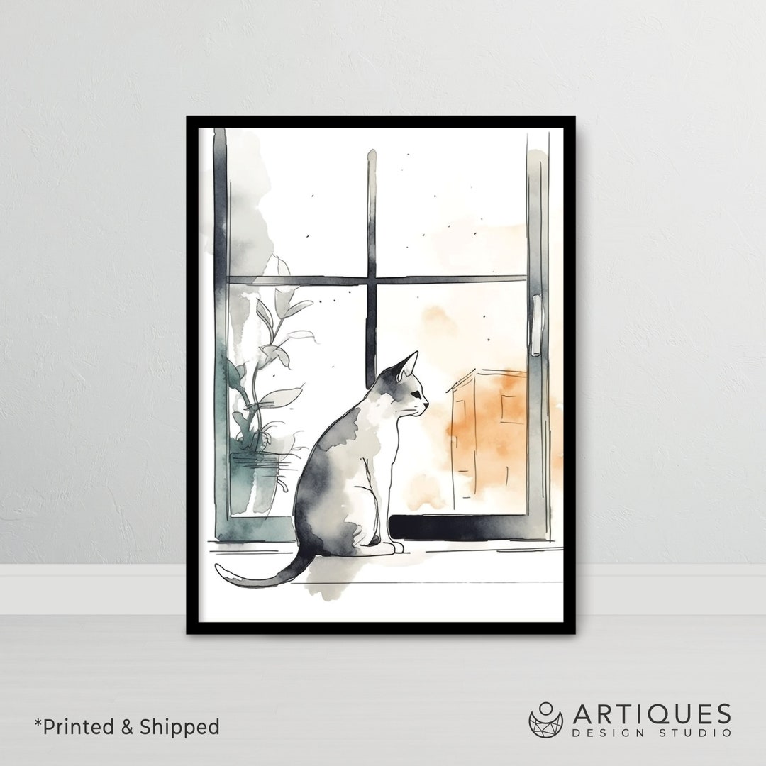 Cat Window Art Cat Wall Art Watercolor Cat Canvas Wall Art Minimalist ...