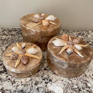 May include: Three round decorative boxes with lids. The boxes are brown with a textured finish and are adorned with seashells and starfish. The boxes vary in size, with the largest box in the back and the smallest in the front.
